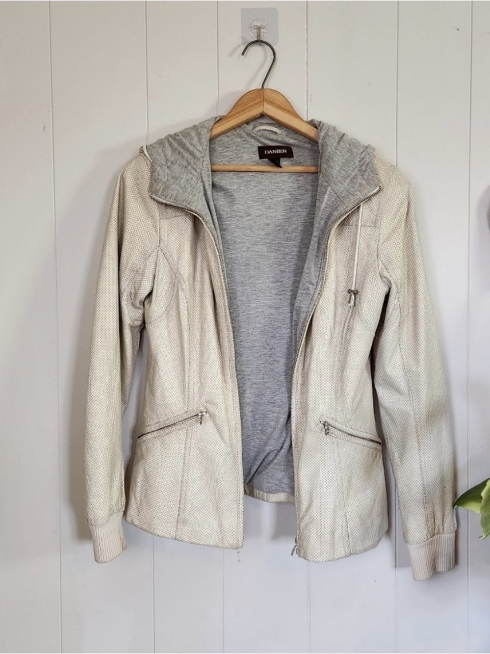 Danier Vintage White Beige Leather Hoodie Jacket Coat Spring Neutral 90s